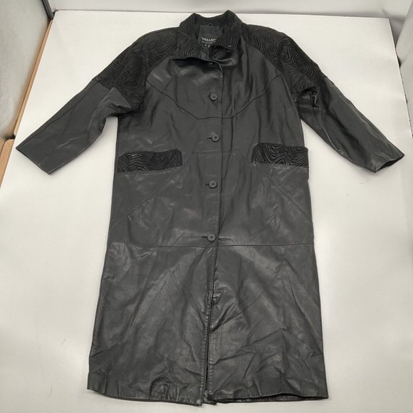 Vtg 80's PELLE Black Leather Long Jacket  Womens S Trench Coat Duster Pa… - Picture 4 of 11